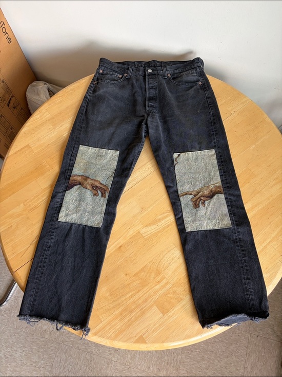 Levi's Denim - Levi's Black Distressed Jeans w/ Creation of Adam Knee Patch Art | 34x28